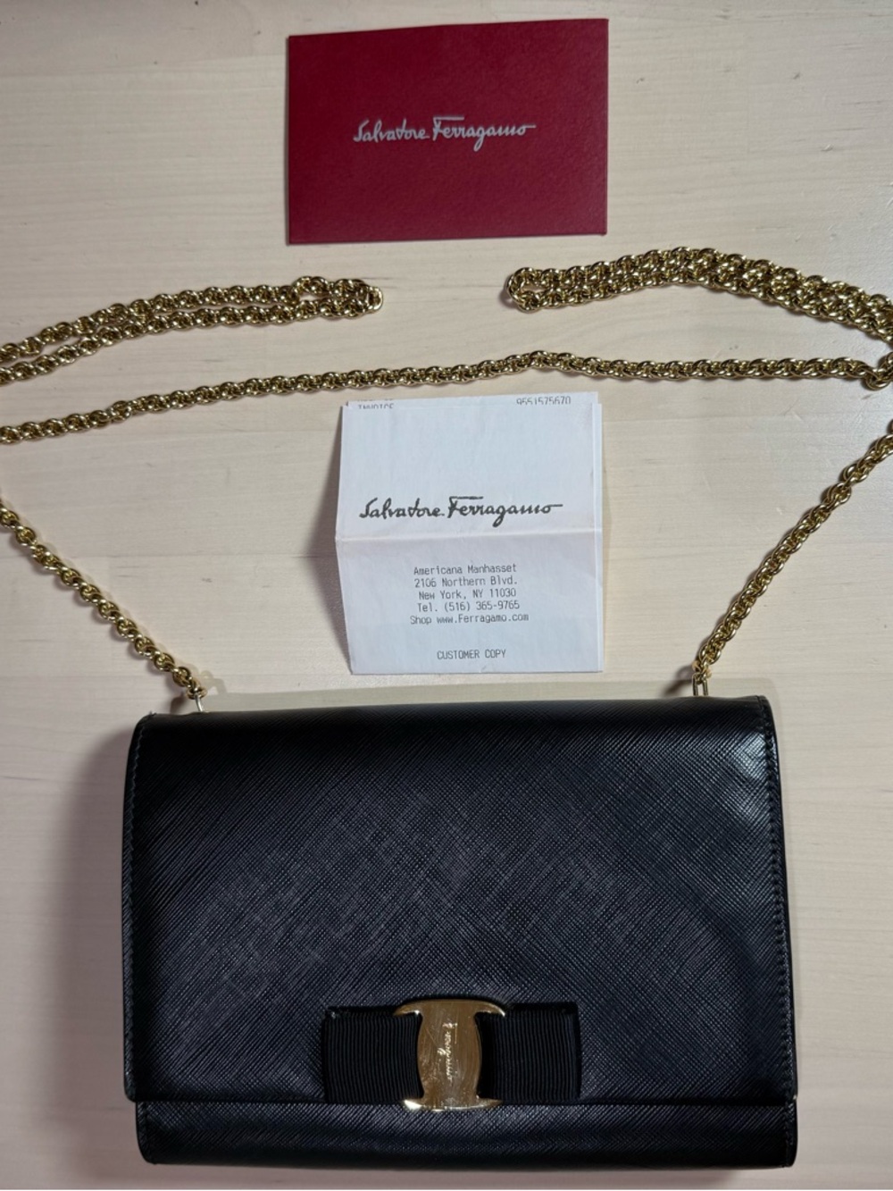 Salvatore Ferragamo Black Leather Crossbody with Gold Chain and Vara Bow - Picture 1 of 4